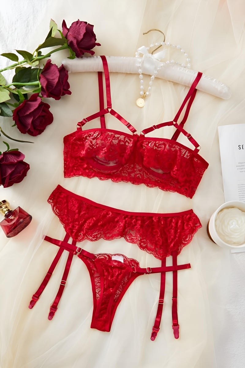 Sexy stretch see through lace underwire garter three-piece lingerie - Image 3