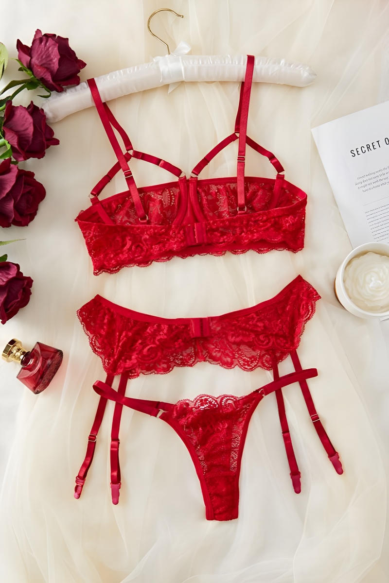 Sexy stretch see through lace underwire garter three-piece lingerie - Image 4