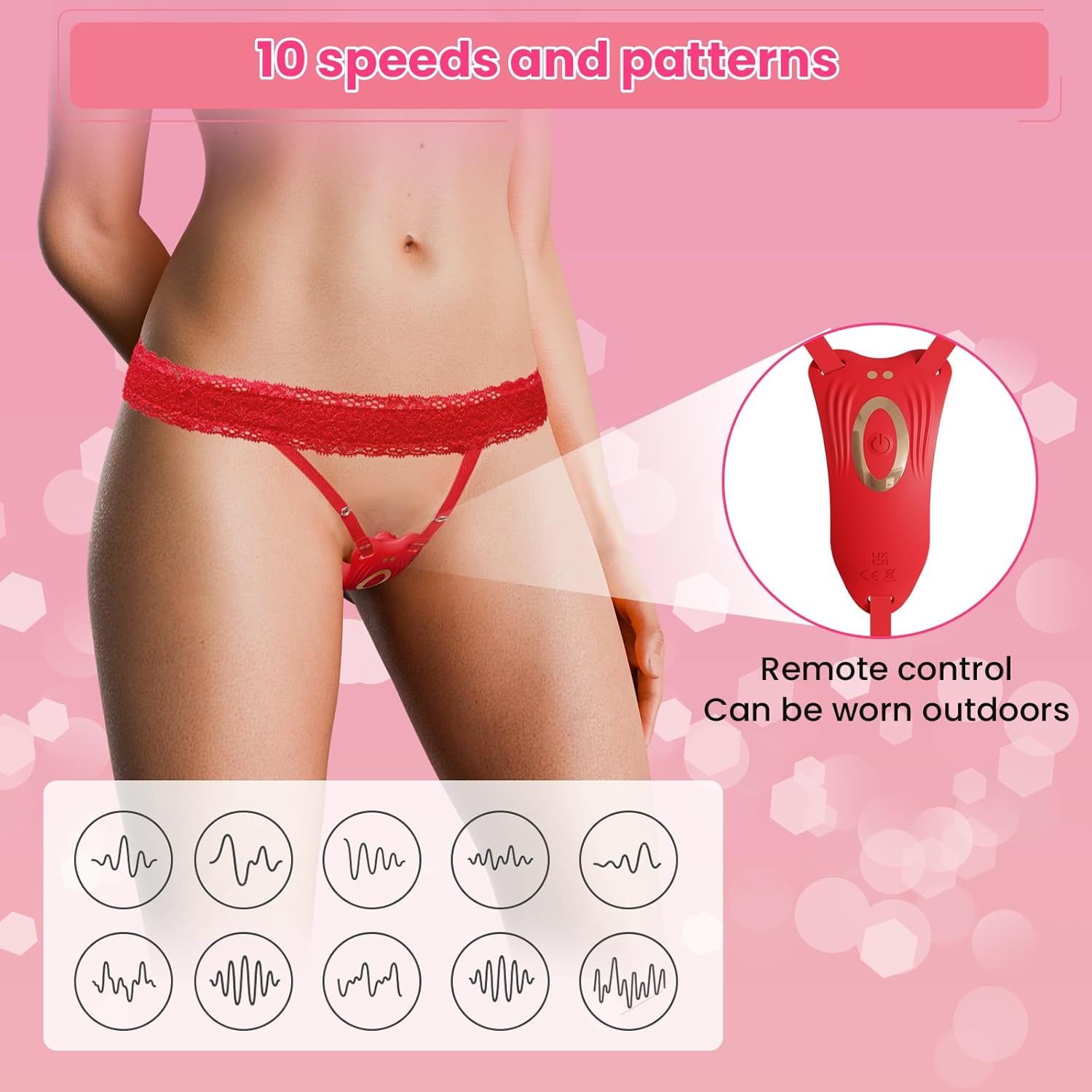 10-Speed Red Rose Shape Waterproof Rechargeable Remote Control Silicone Wearable Panty Vibrator - Image 4
