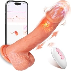 9-Speed Flesh Color App-Controlled Rechargeable Thrusting Silicone Dildo with Vibration & Heating - Image 8