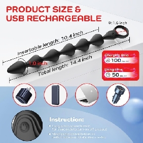 14.4 Inch 10-Speed Black Rechargeable Silicone Vibrating Anal Beads with 3 Strong Motors - Image 3