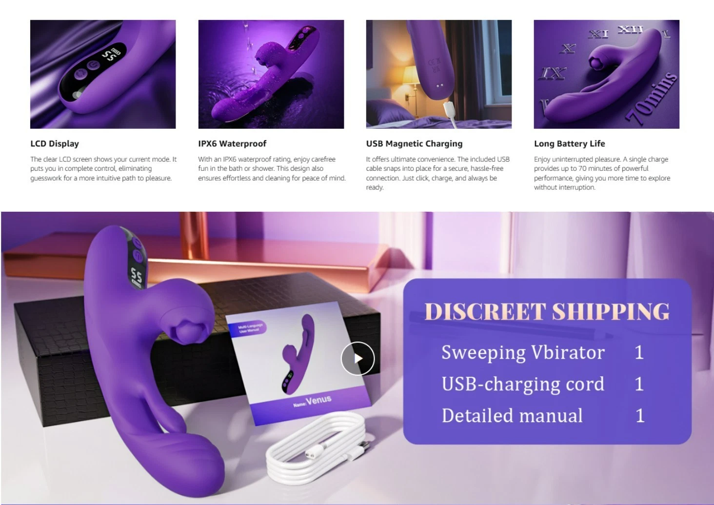 9.26'' Purple Vibrating Tapping App-Controlled Vibrator – 10 Modes, Magnetic USB Rechargeable, Waterproof - Image 10